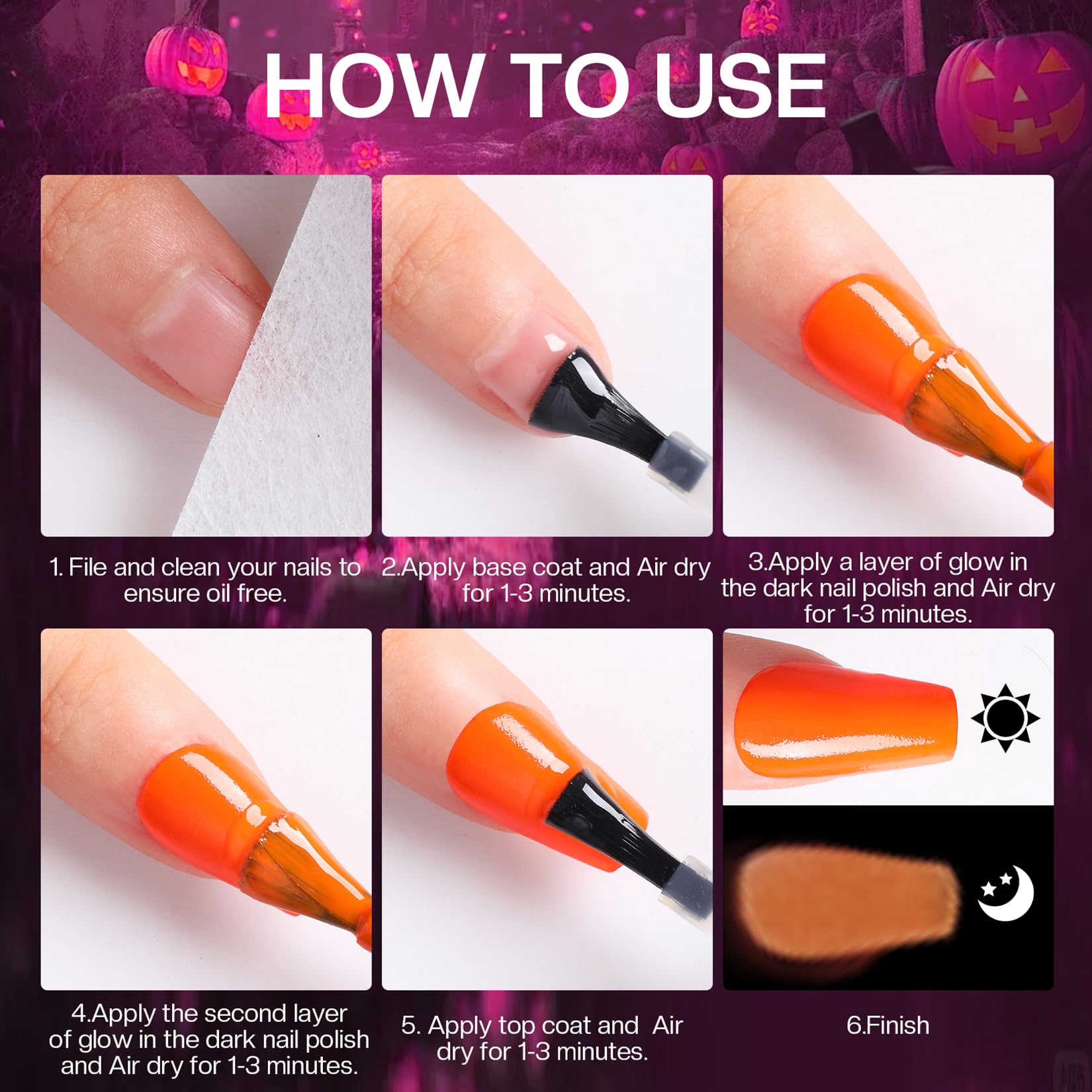 Morovan Neon Nail Polish Set glow-night effect shown under dim lighting on nails.