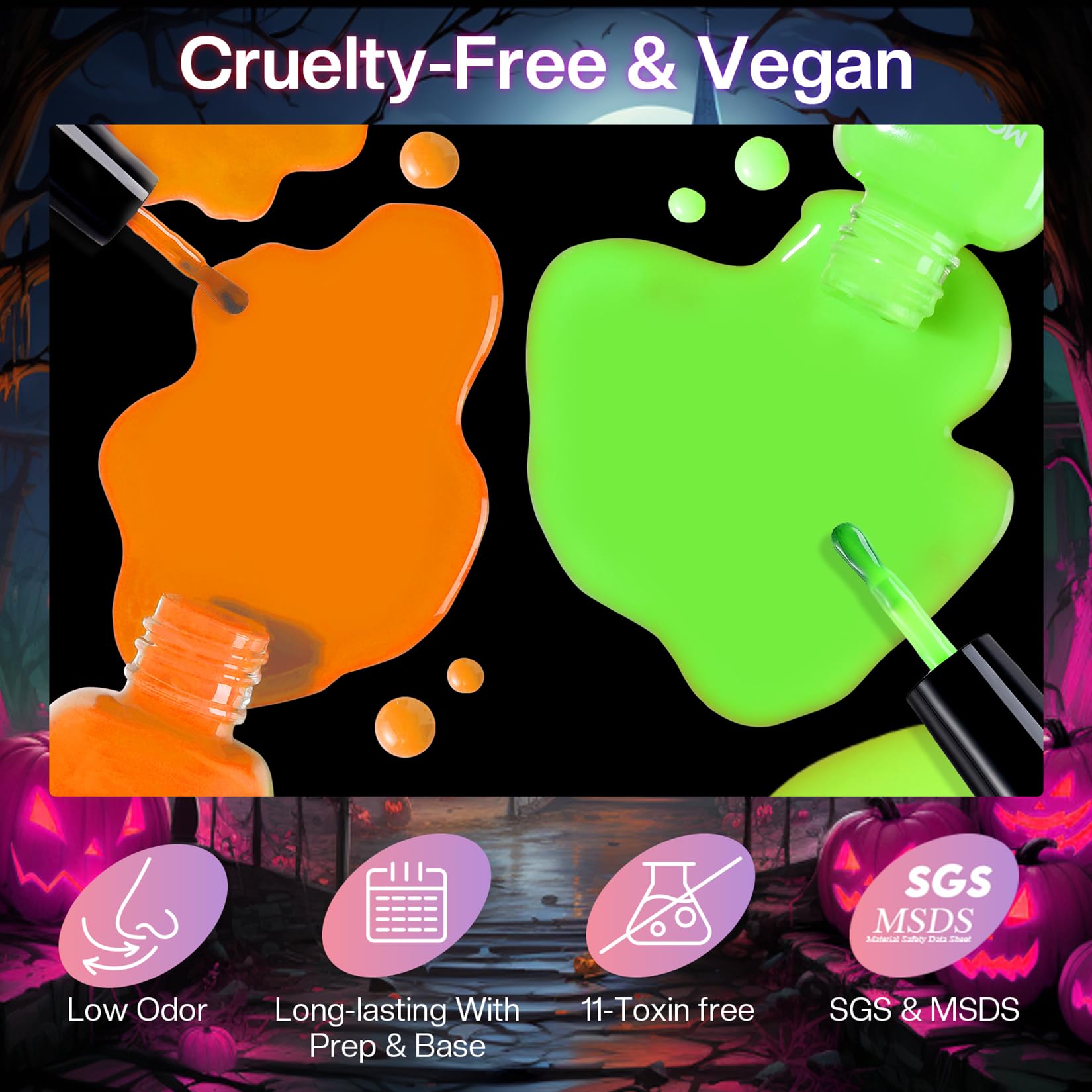 Morovan Neon Nail Polish Set Halloween-pack visuals for festive spooky looks.