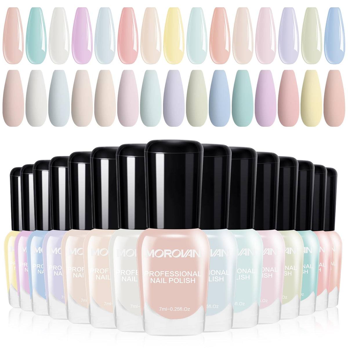 Morovan pastel macaron collection swatches on nails for spring looks.