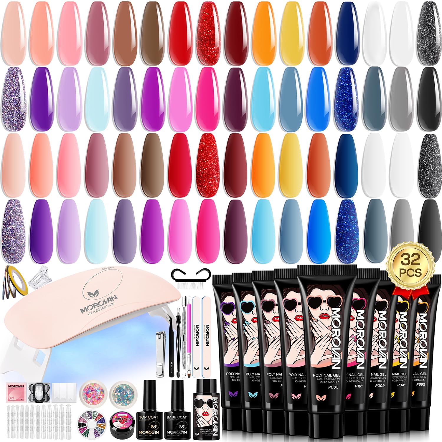 Morovan poly gel nail kit 32 colors swatch for versatile at-home nail art possibilities.