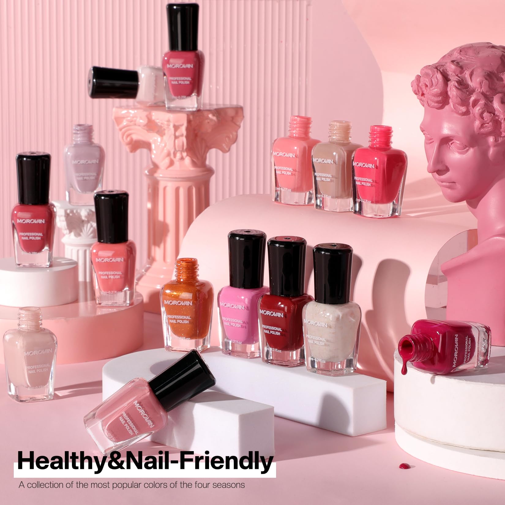 Morovan Rose Nail Polish Set fall burgundy shades displayed on swatches for autumn-ready nails.