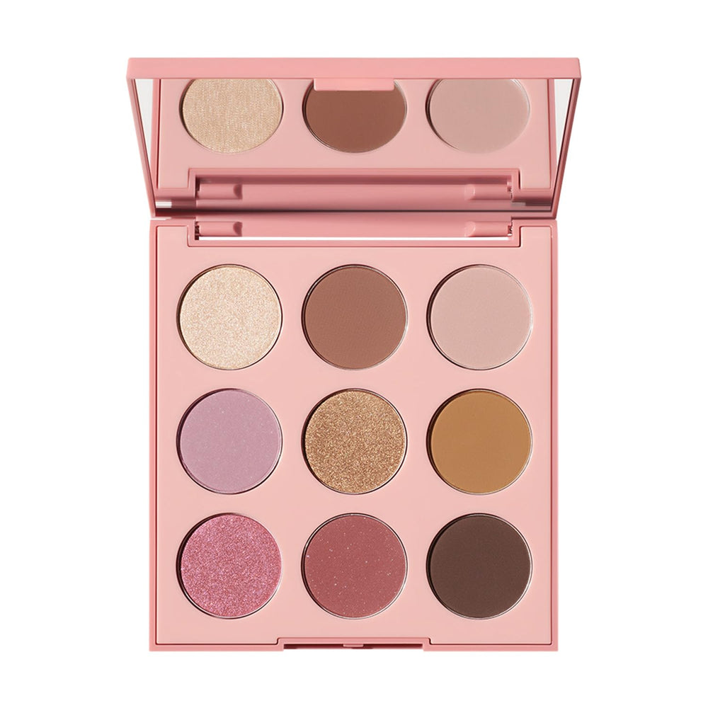 Morphe 9G Sunrise Glow palette open showcases warm neutrals for versatile daytime looks.