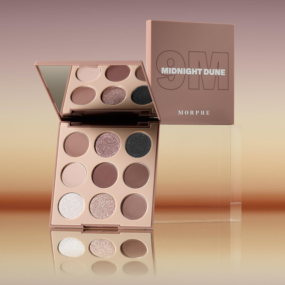 Morphe 9M Midnight Dune palette in-use setup promotes professional artistry at home.