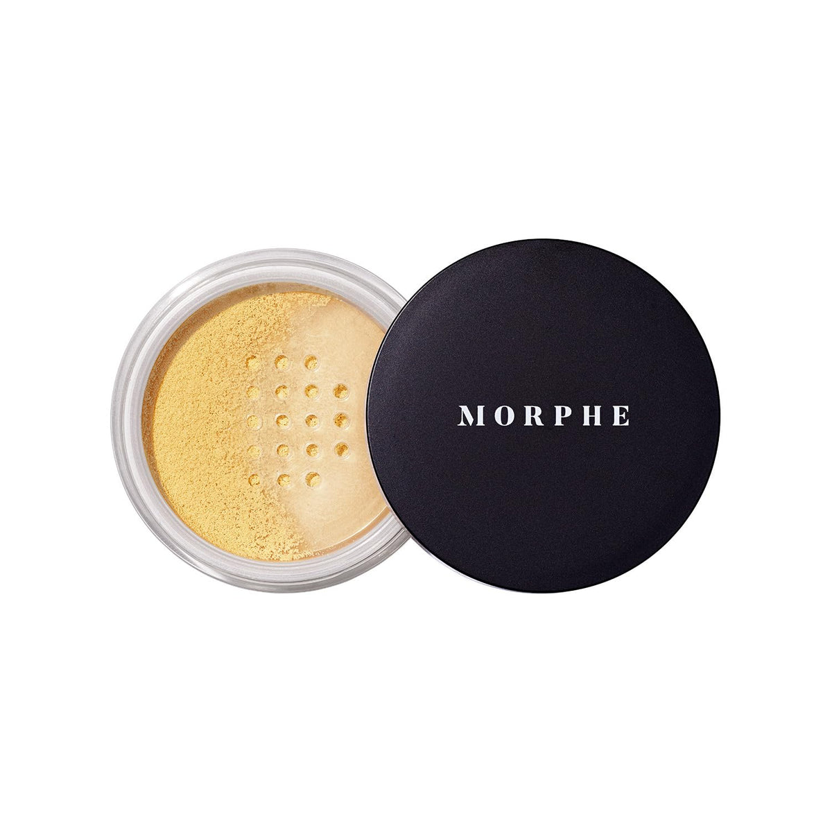 MORPHE Bake & Set powder texture close-up shows talc-free, lightweight finish smoothing pores.
