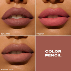 Morphe Color Pencil Bundle swatch Trendsetter on lips for bold versatility.
