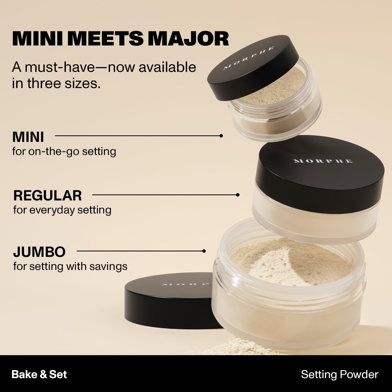 Morphe Mini Bake & Set packaging on a vanity suggests shine control all day.