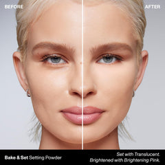 Morphe Mini Bake & Set texture close-up shows a finely milled formula smoothing pores.