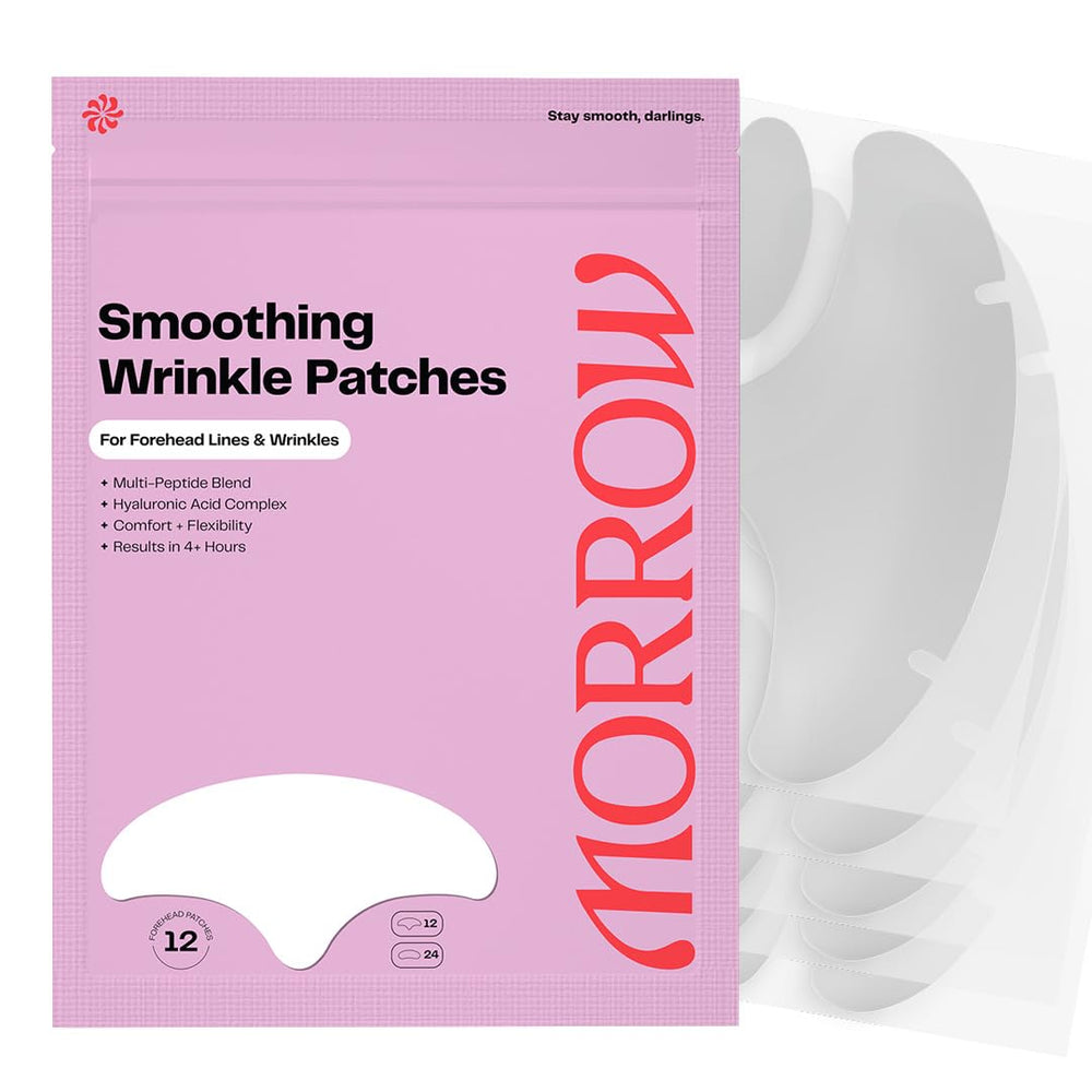 Morrow Beauty forehead patch closeup showing peptide formula for smoothing fine lines.