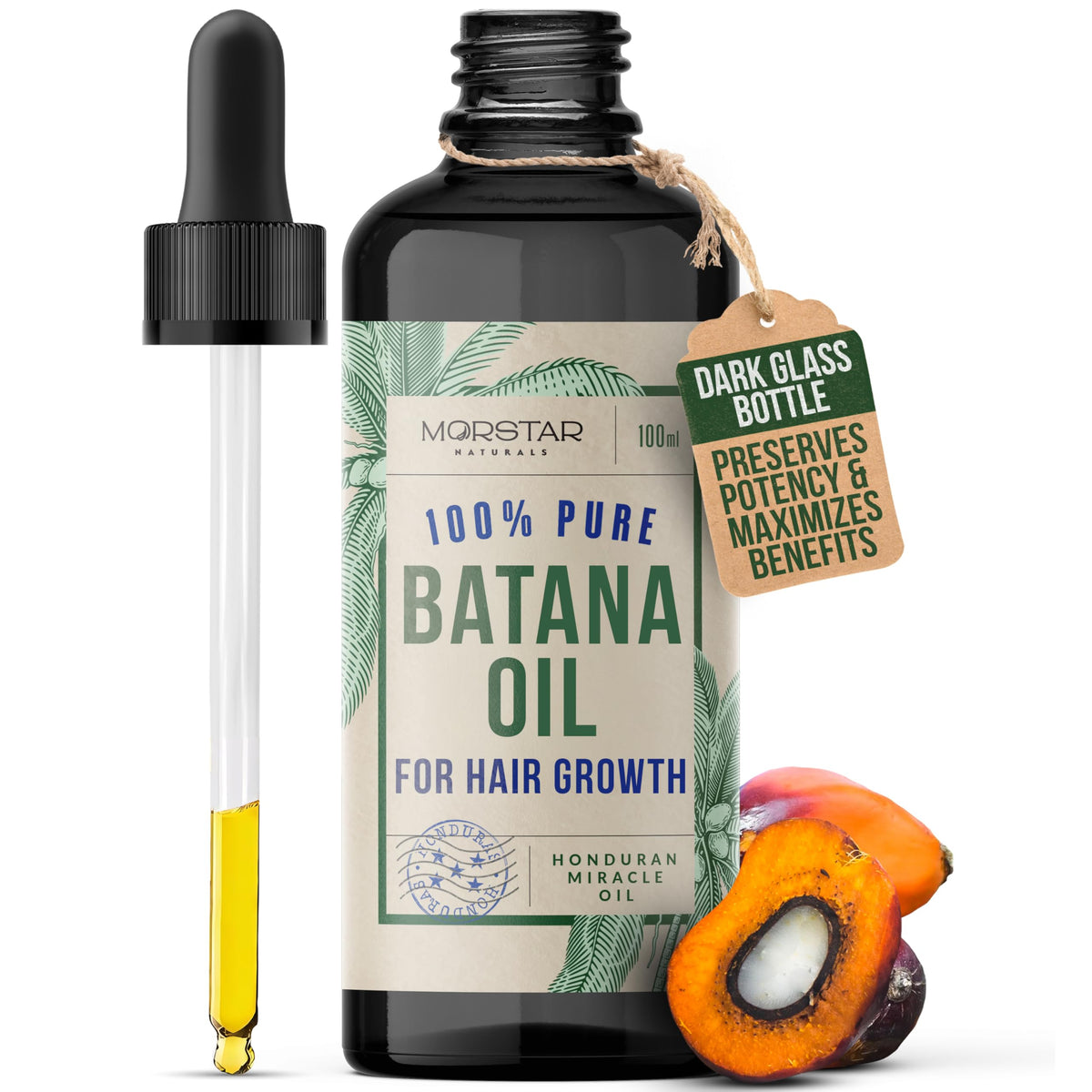 Morstar Batana Oil bottle closeup shows pure, cold-pressed hydration for healthier-looking hair.