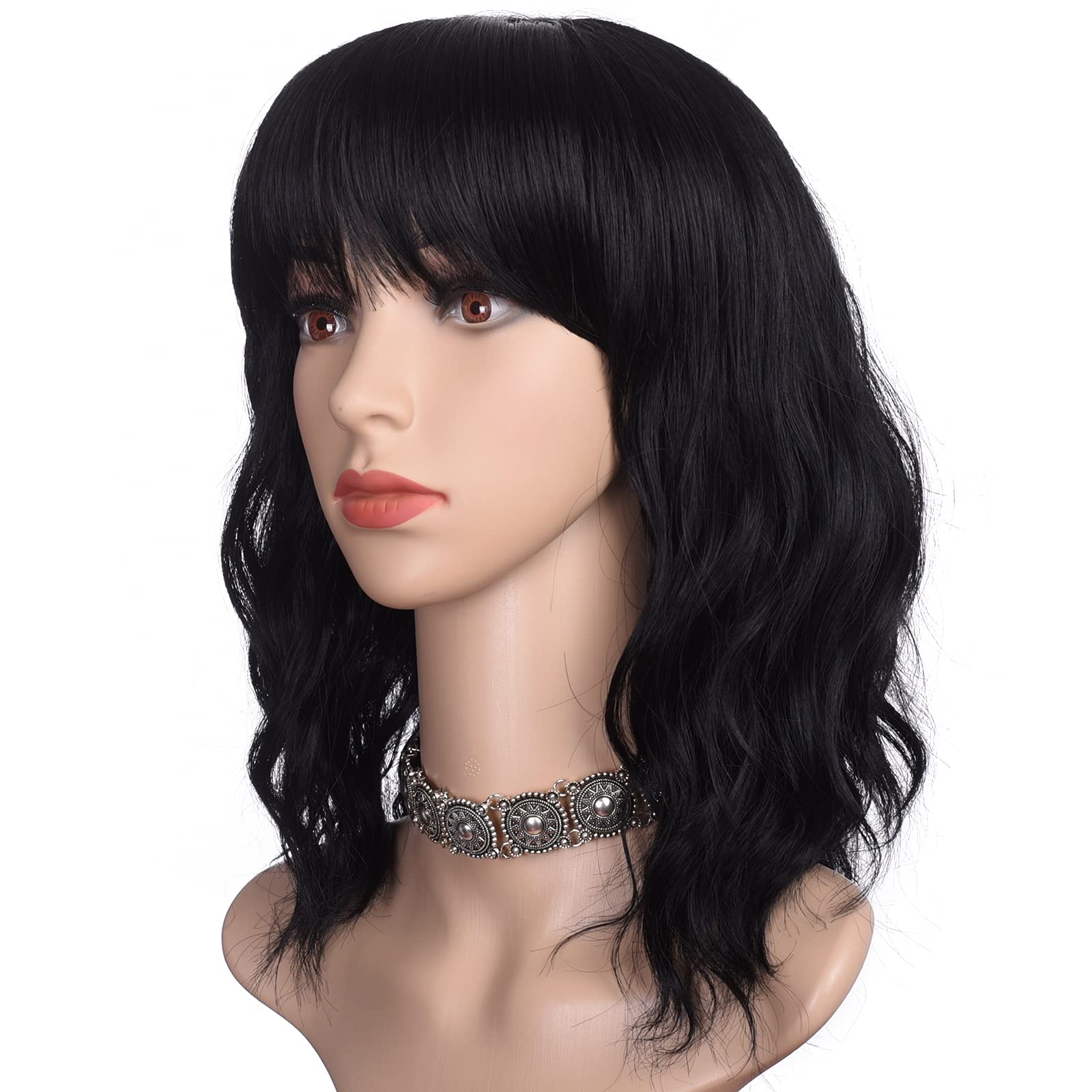 Morvally short black wavy bob wig with bangs shows 16-inch length for everyday versatility.