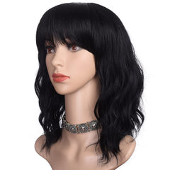 Morvally short black wavy bob wig with bangs shows 16-inch length for everyday versatility.