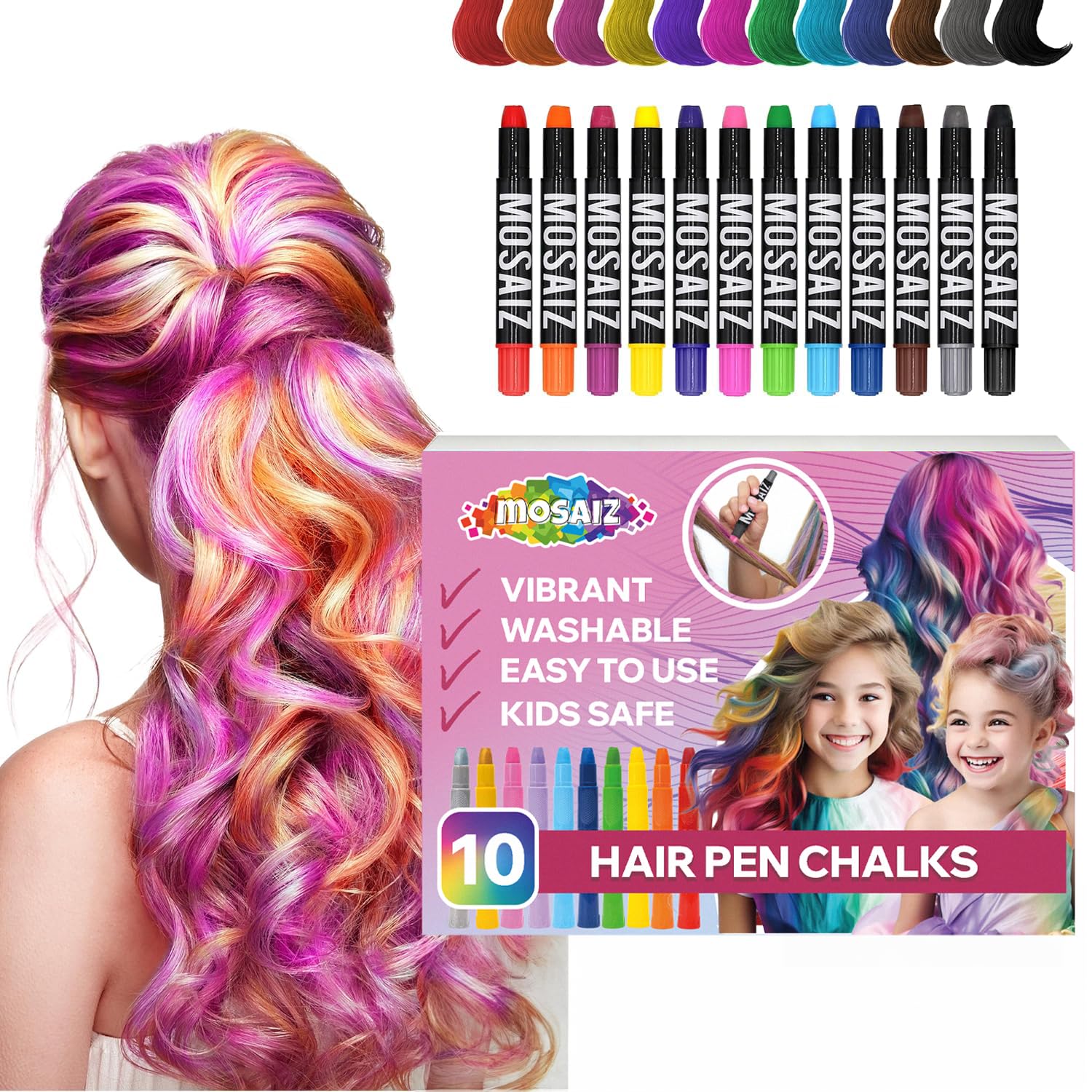 Mosaiz hair chalk color palette with 10 pens for kids' fun styles