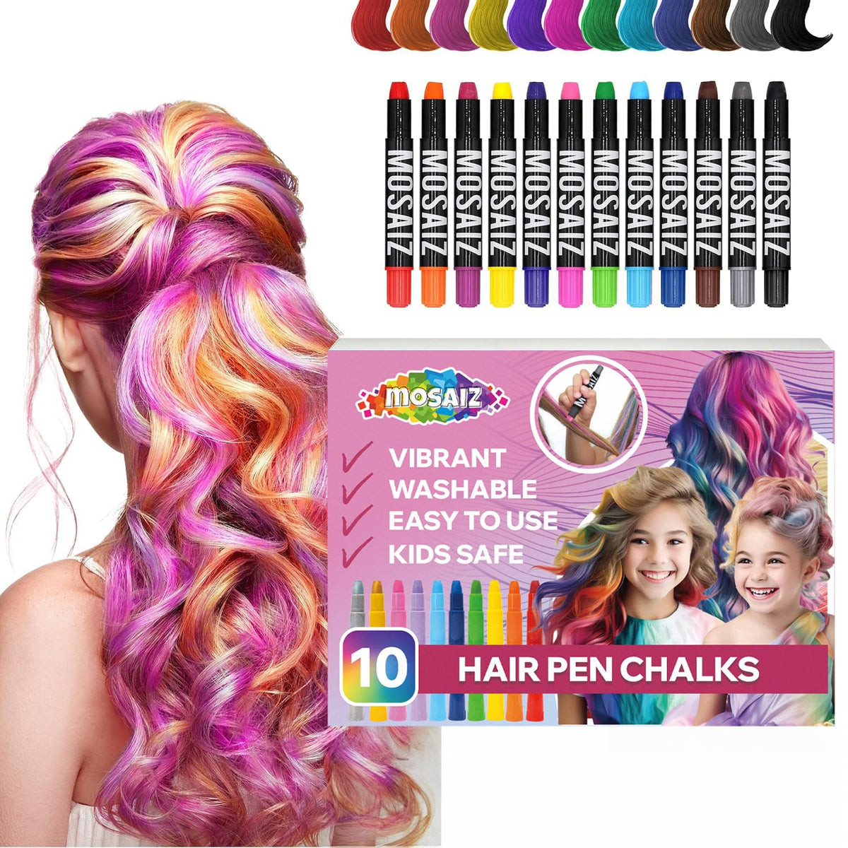 Mosaiz hair chalk color palette with 10 pens for kids' fun styles