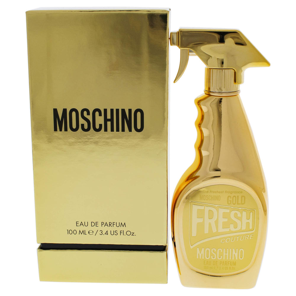 Moschino Gold Fresh Couture bottle close-up—sparkling elegance for date nights.
