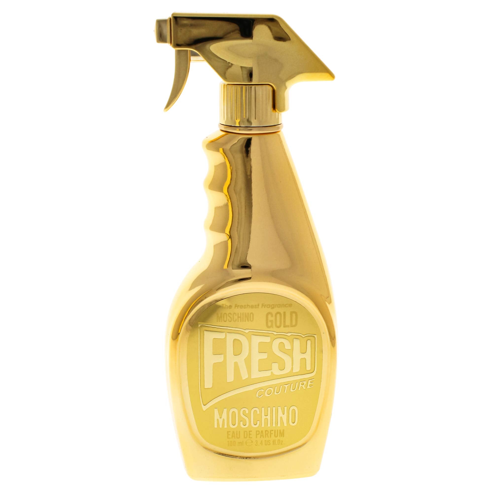Moschino Gold Fresh Couture packaging design—iconic spray-bottle aesthetic for playful luxury.
