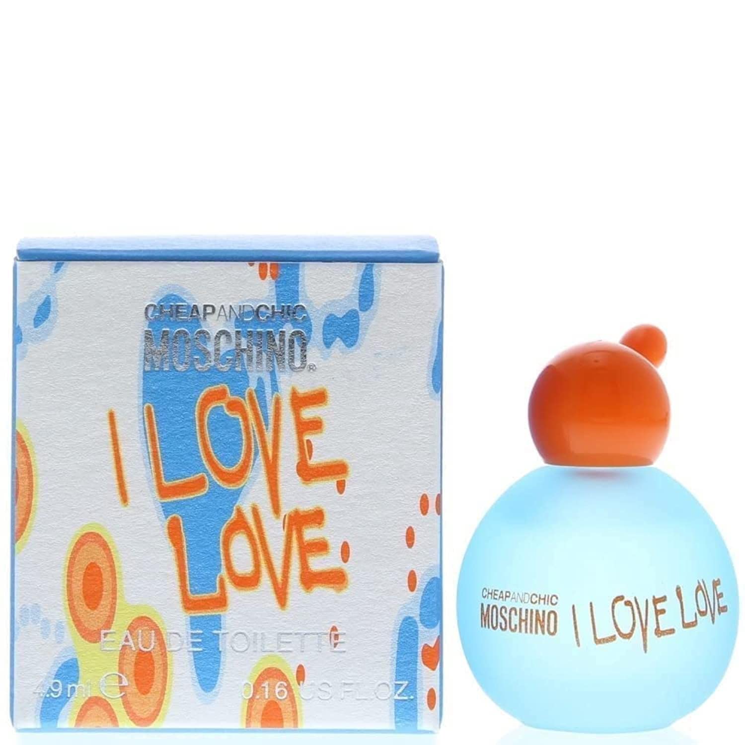 Moschino I Love Love blue miniature bottle, travel-size perfume for casual daytime wear.