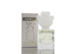 Moschino Toy 2 Mini EDP bottle closeup showcasing playful design and pocketable fragrance option.