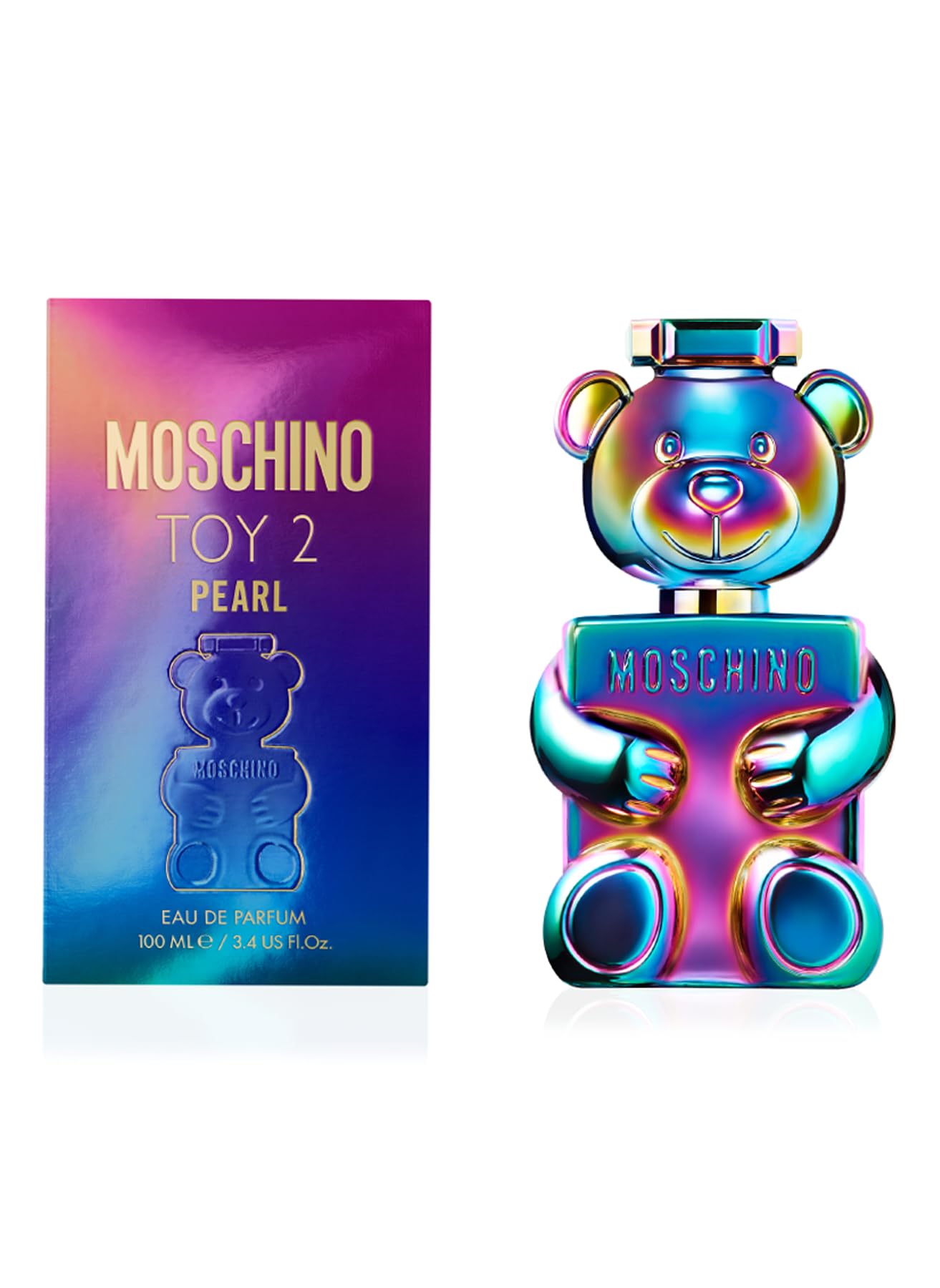 Moschino Toy 2 Pearl bottle display highlights elegant packaging for a stylish gift or shelf presence.