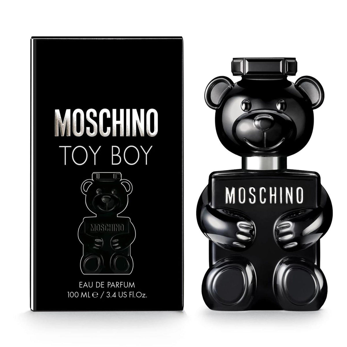 Moschino Toy Boy fragrance bottle front shows sleek black glass and silver finish for modern appeal
