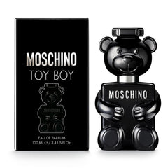 Moschino Toy Boy fragrance bottle front shows sleek black glass and silver finish for modern appeal