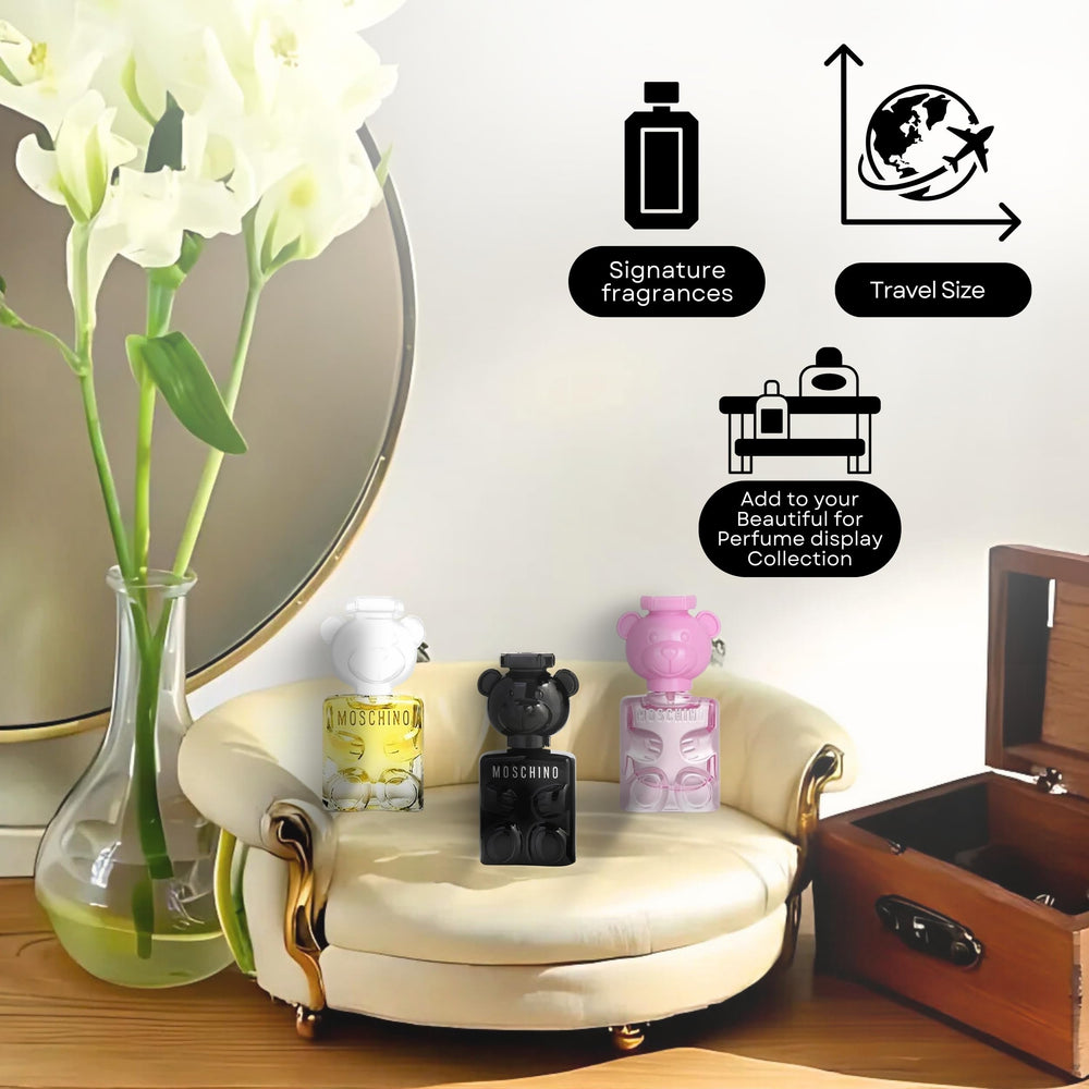 Moschino Toy Mini Trio collection display showing three scents in one set