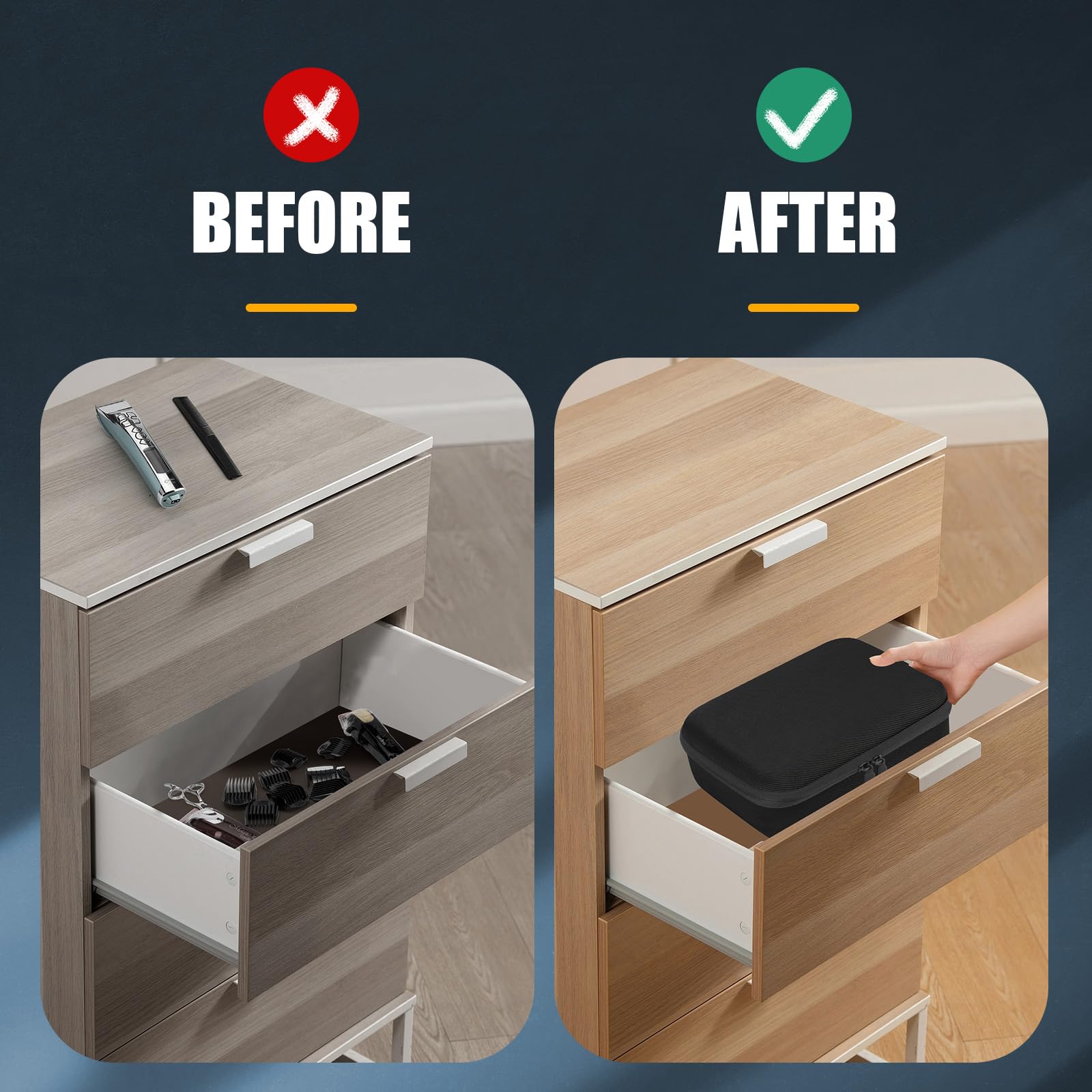 MOSLA hard barber accessories case in use on dresser for clutter-free grooming