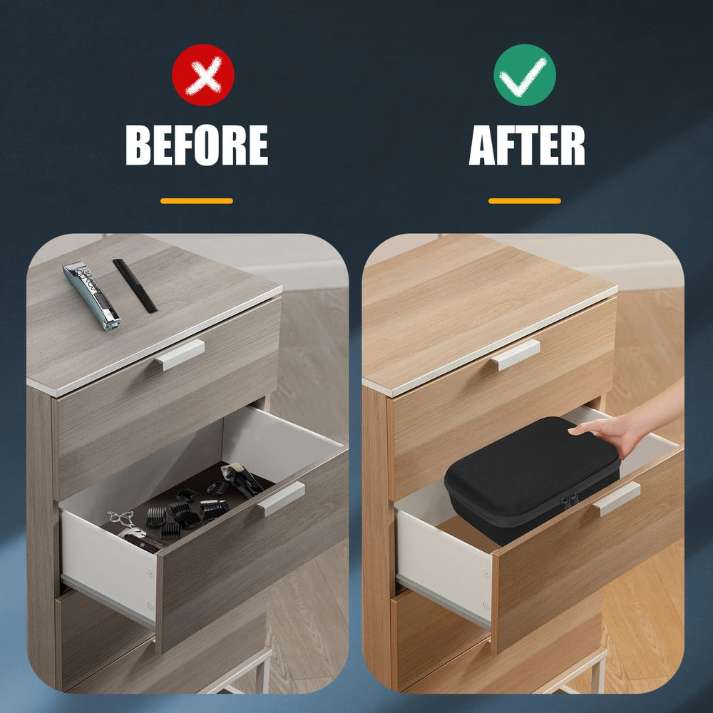 MOSLA hard barber accessories case in use on dresser for clutter-free grooming