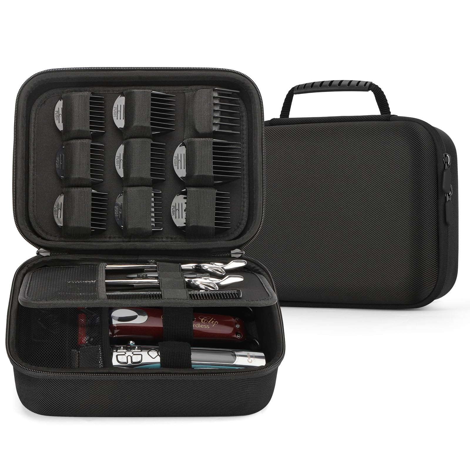 MOSLA hard barber accessories case open view showing clipper storage and dividers for organization