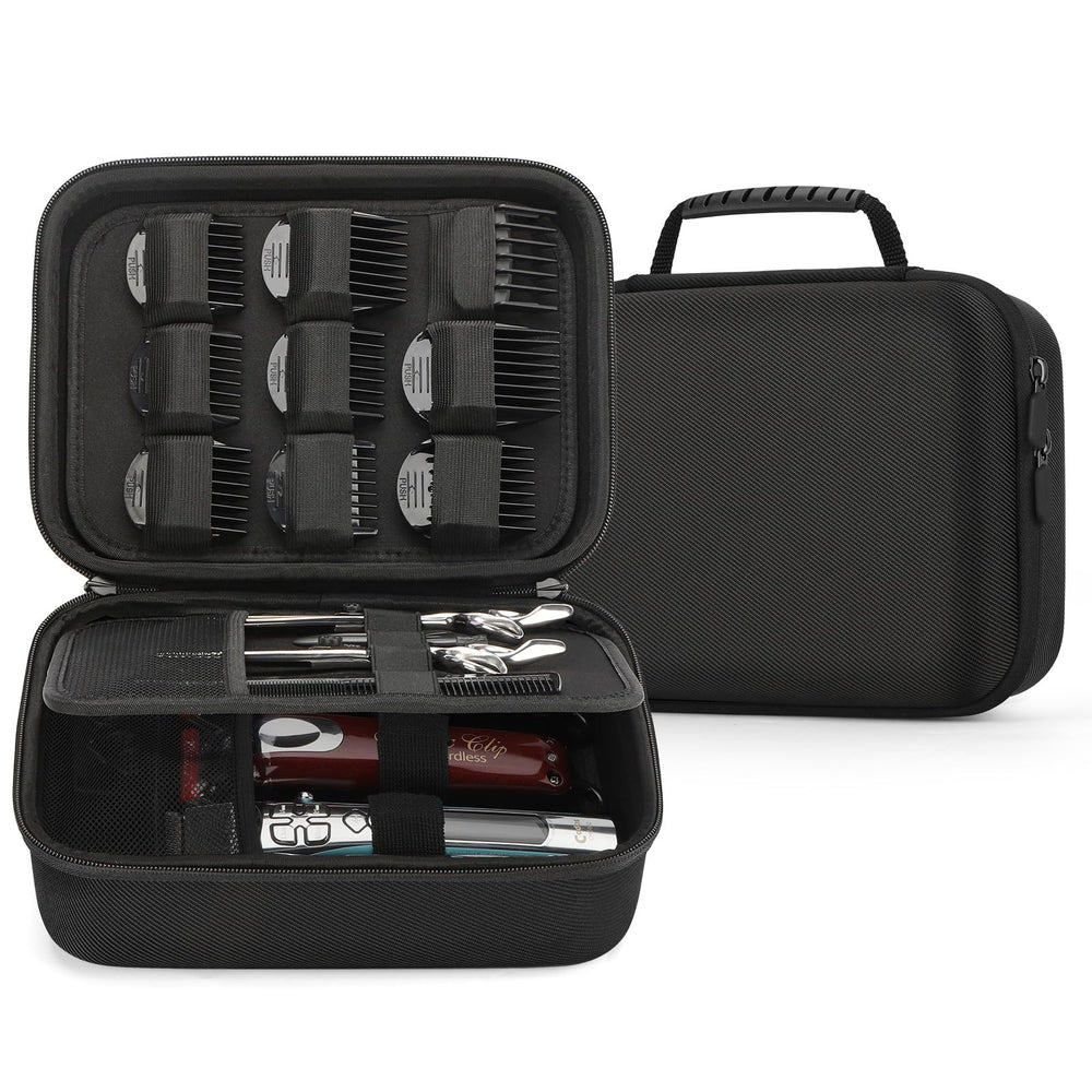 MOSLA hard barber accessories case open view showing clipper storage and dividers for organization