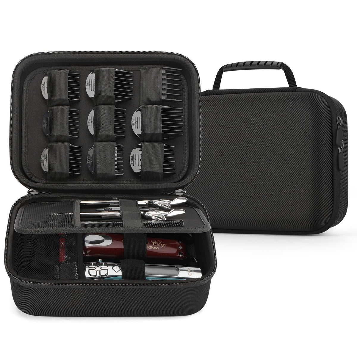 MOSLA hard barber accessories case open view showing clipper storage and dividers for organization