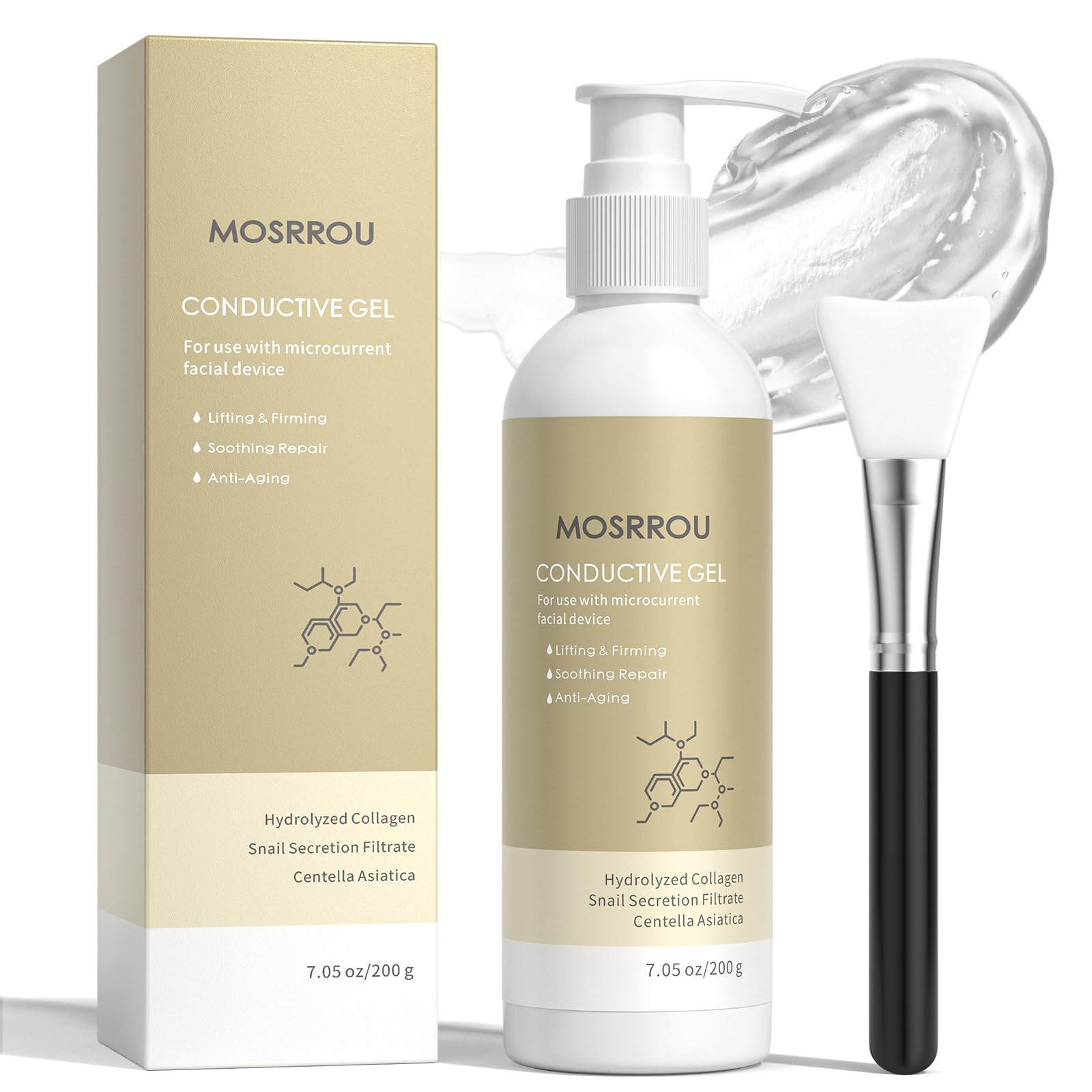 MOSRROU microcurrent gel bottle close-up for enhanced device conductivity and glide.
