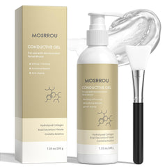 MOSRROU microcurrent gel bottle close-up for enhanced device conductivity and glide.