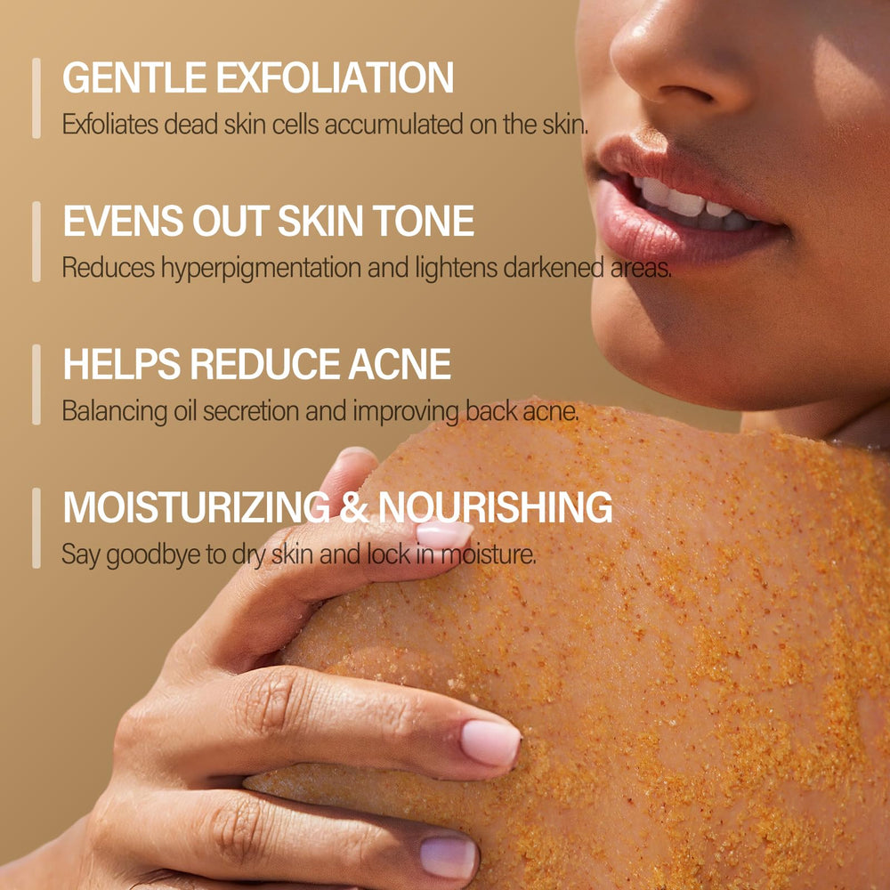 MOSRROU Turmeric Body Scrub texture closeup highlighting natural exfoliants for smoother skin.