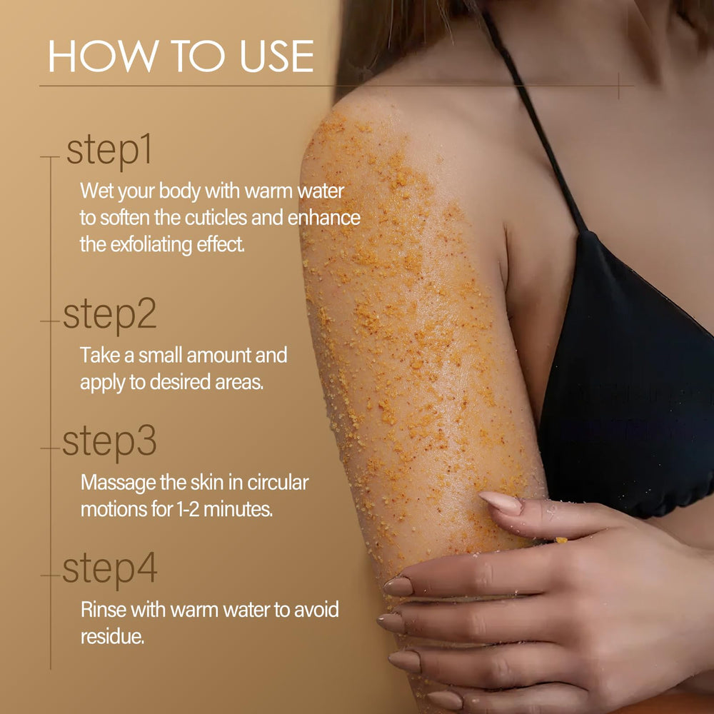 MOSRROU Turmeric Scrub being applied on arm shows gentle exfoliation and skin care.