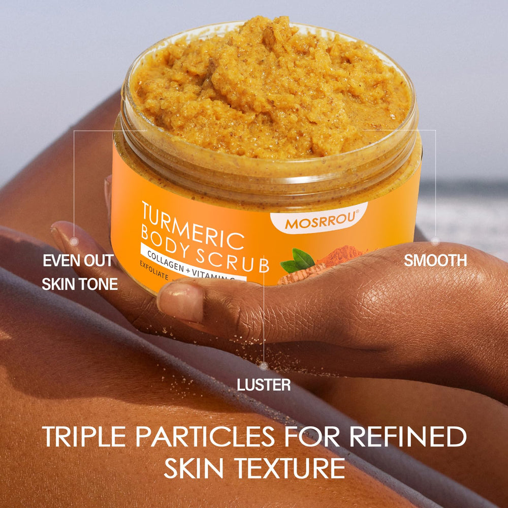 MOSRROU Turmeric Scrub applied on back demonstrates full-body exfoliation potential.