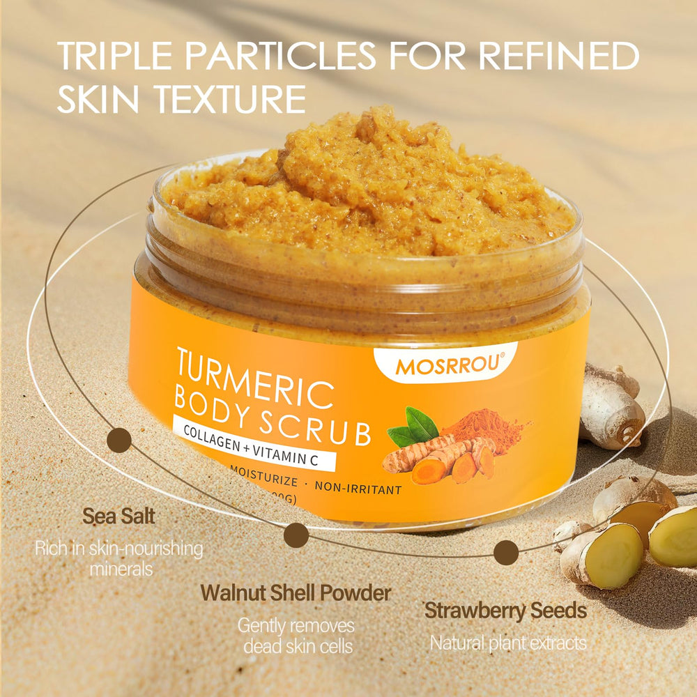 MOSRROU Turmeric Scrub with coconut oil droplets emphasizes deep hydration.