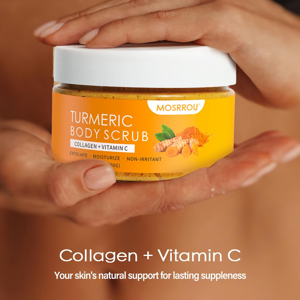 MOSRROU Turmeric Scrub in the shower scene showcases 2-in-1 cleansing and exfoliation.