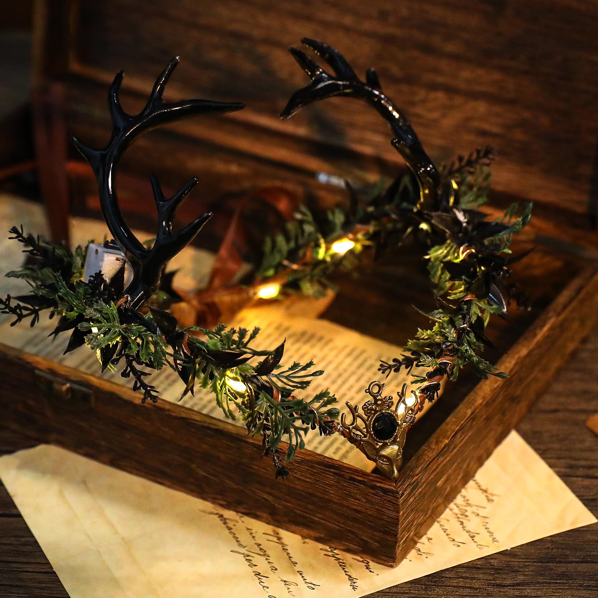 MOSTORY elf crown worn for dramatic nighttime cosplay.