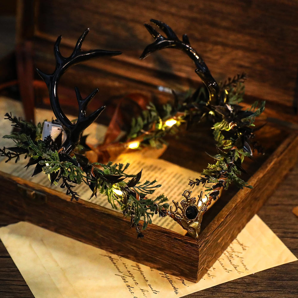 MOSTORY elf crown worn for dramatic nighttime cosplay.