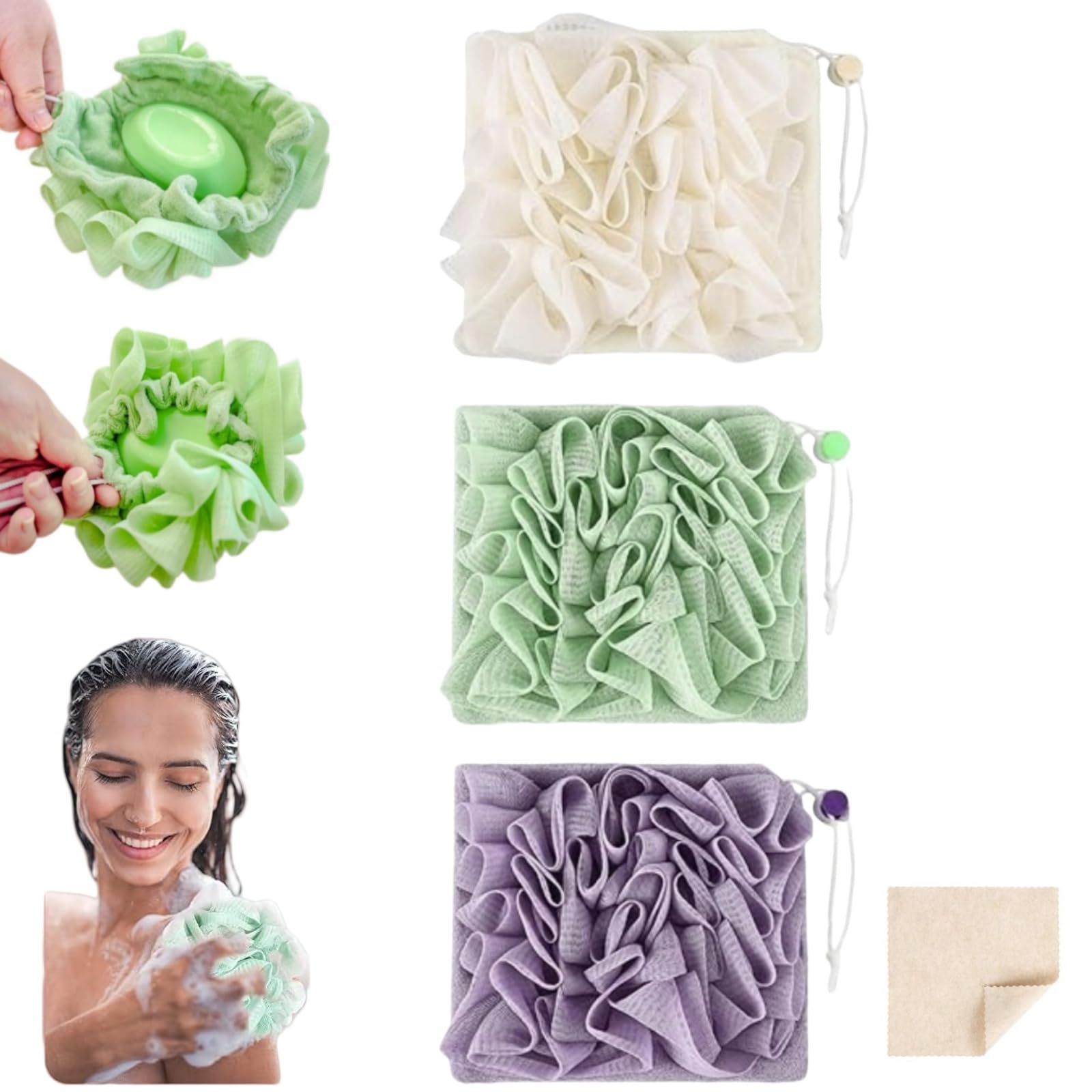 MOSYFEIBI washcloth loofah 2-in-1 for exfoliation and cleansing in the shower.