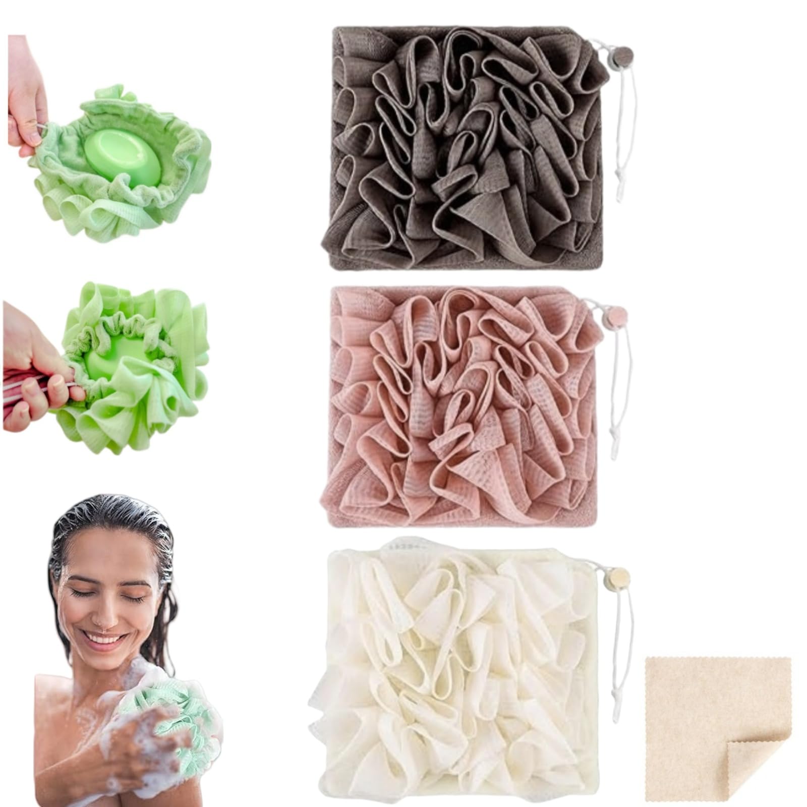 MOSYFEIBI washcloth-loofah combo holds bar soap for easy cleansing