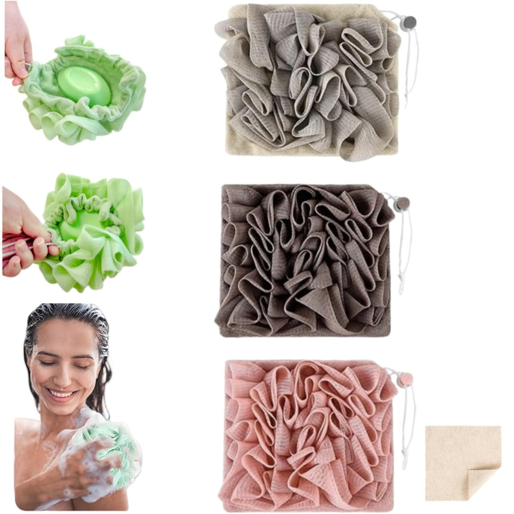 MOSYFEIBI washcloth loofah combo holds bar soap for easy cleansing.