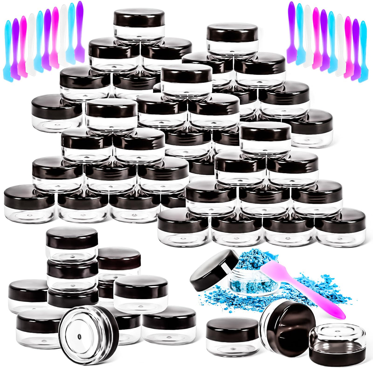 MotBach 50pcs empty containers with black lids for travel-friendly cosmetics.
