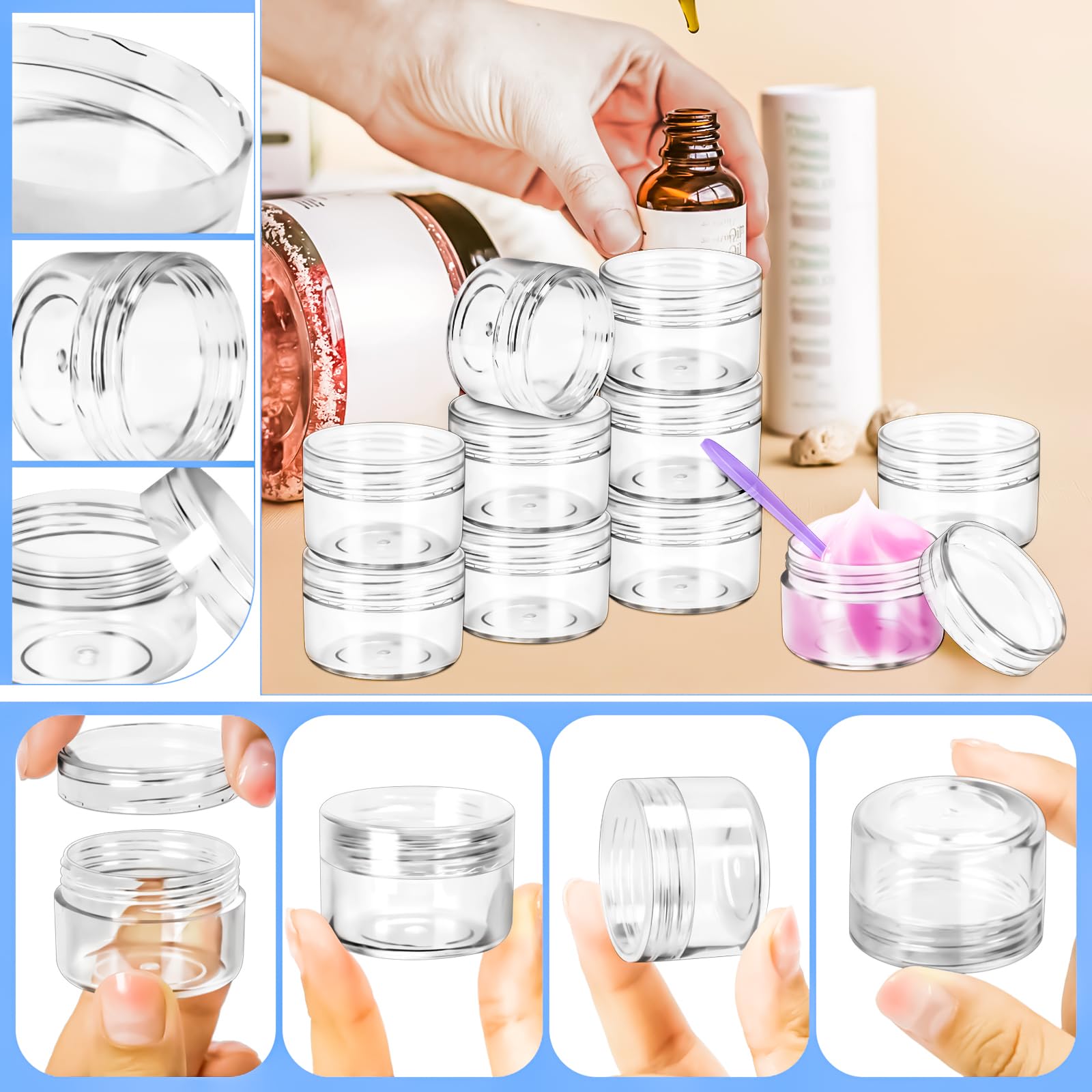 MotBach round sample jars with screw lids keep creams clean while dispensing.