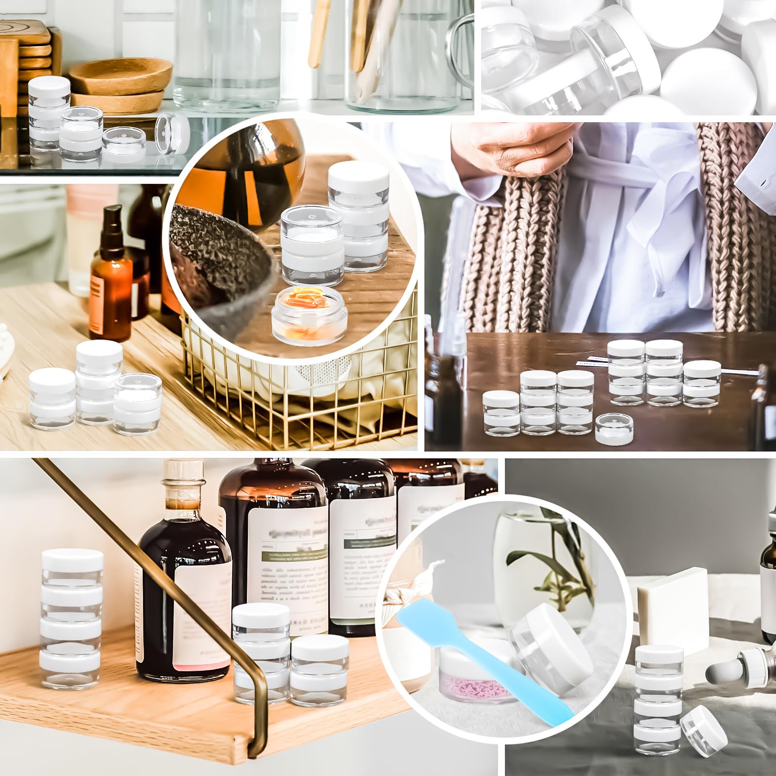 MotBach sample jars ideal for lotions, scrubs, and cosmetics during travel.