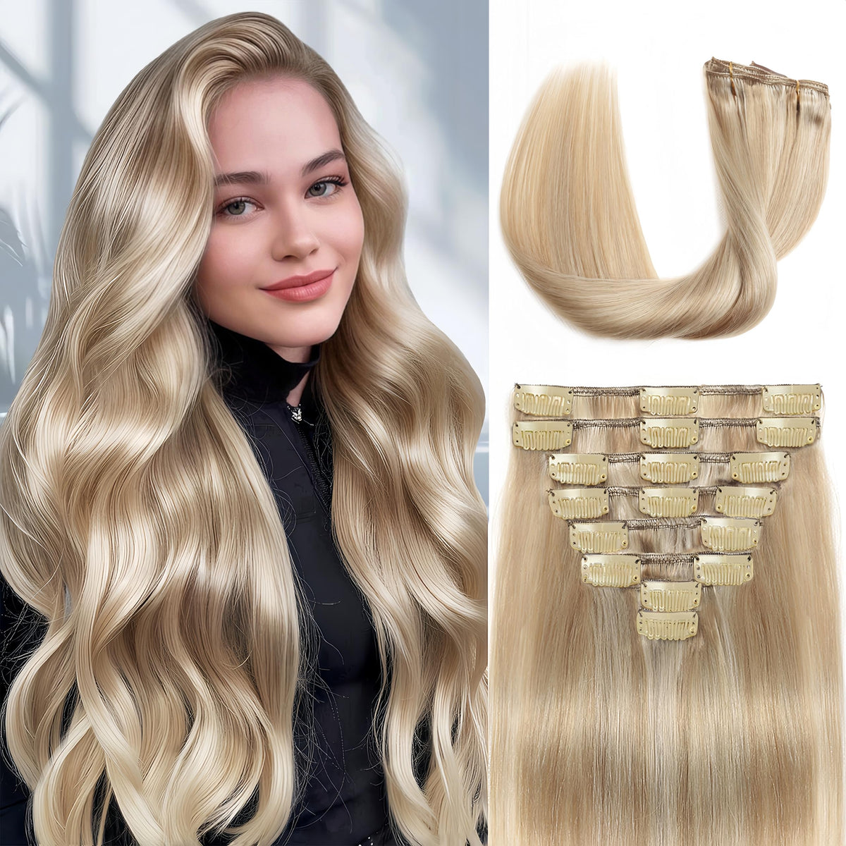 MOTFIN clip-in extensions 18in straight dark blonde for instant volume.