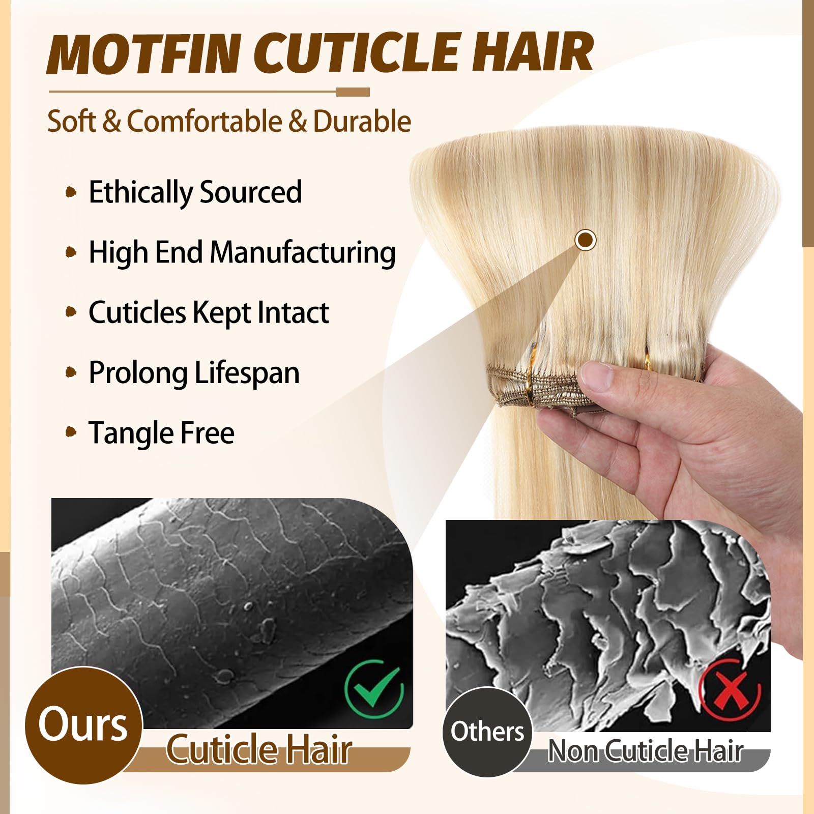 MOTFIN double-weft clips provide durable fullness with reduced shedding.