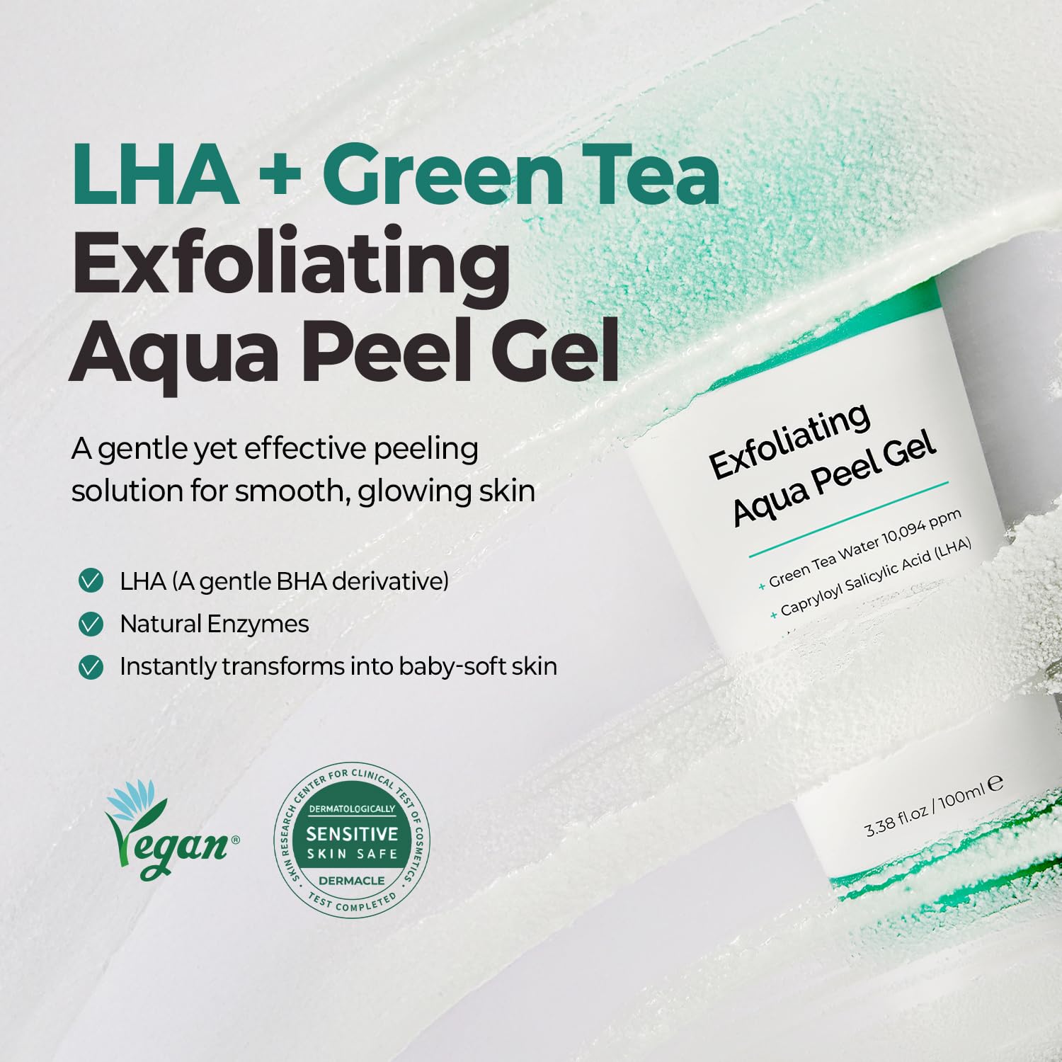 Texture close-up of MOTHER MADE LHA Aqua Peel Gel showing gentle exfoliation beads.