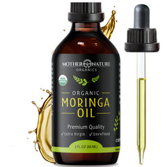Mother Nature Organics Moringa Oil bottle—pure organic moisture for skin and hair.