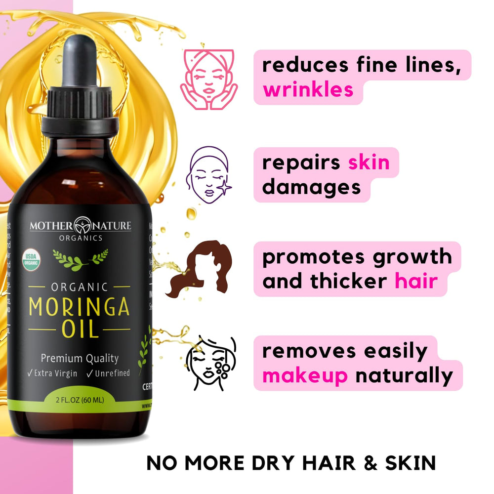 Mother Nature Organics Moringa Oil glass bottle 2oz—travel-friendly and freshness-preserving.